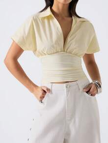 LYSMO 2026 New Arrive Minimalism Spring/Summer Women's Solid Batwing Sleeve Ruched Wide Hem Blouse - Light Yellow - View 3