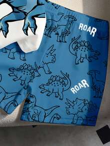 1 Set Baby Boys Cute Blue Dinosaur Print Patchwork Design Round Neck Short Sleeve T-Shirt And Allover Dinosaur & Letter Print Matching Shorts, Summer Outfit - Multicolor - View 7