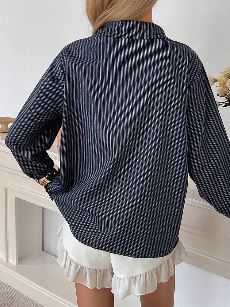Loose Fit Striped Long Sleeve Women Shirt With Turndown Collar