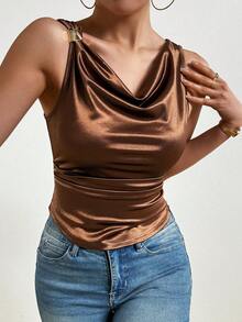 Franclia Damen Ärmellose Elegante Minimalistische Mode Tank Top mit U-Ausschnitt in Unifarbe - Braun - Übersicht 4