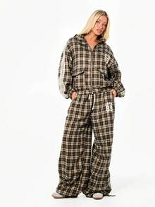 SUMWON WOMEN Plaid Check Pattern Wide Leg Palazzo Pants With Contrast Stripe Detail And Number Print Elastic Waist Baggy Casual Loungewear Bottoms - Brown - View 3