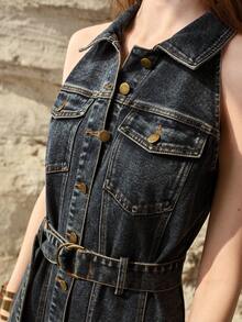 MOTF PREMIUM WOMEN'S DENIM SLEEVELESS BELTED MIDI DRESS, ELEGANT FOR DATES, SPRING/SUMMER - Blue - View 1