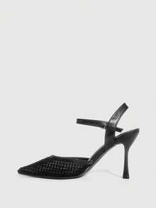 CUCCOO SZL Women's Pointed Toe High Heel Black Rhinestone Mesh Fashionable Sexy Party Wedding Ankle Strap Pumps Spring Shoes - Black - View 9
