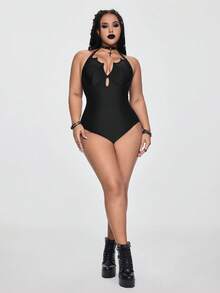 ROMWE 2026 New Plus Size One-Piece Gothic Style Steel Bra Sexy Swimsuit With Adjustable Straps, Summer - Black - View 6