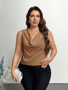 SHEIN Privé Áo kiểu dáng thanh lịch, cổ khoét sâu, không tay, ôm sát, cỡ lớn, thích hợp cho tiệc tùng và hẹn hò, mùa xuân/hè. - Lạc đà - Xem 7