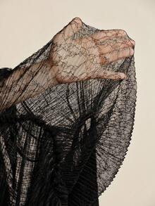 Arave 女士轻盈雪纺蕾丝高腰H字镂空蕾丝拼接荷叶边下摆优雅约会之夜半身裙 - 黑色 - 查看 11