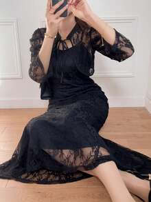 FRIFUL 女士深灰色薄纱蕾丝系带腰身两件套，商务休闲假日装扮 - 黑色 - 查看 4