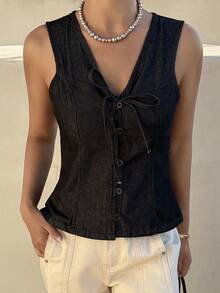 Livesso Women's V-Neck Single-Breasted Front Tie Casual Denim Vest - Black - View 1