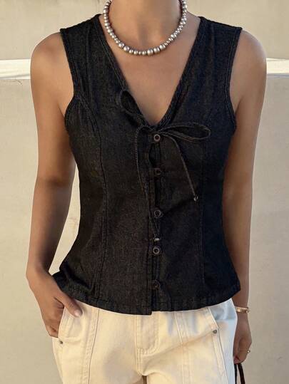 Livesso Women's V-Neck Single-Breasted Front Tie Casual Denim Vest