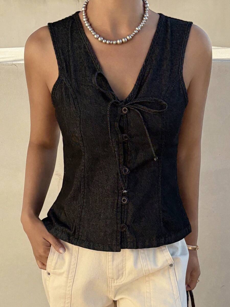 Livesso Women's V-Neck Single-Breasted Front Tie Casual Denim Vest - Black - View 1