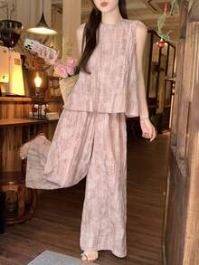 DAZY 2pcs Women's Vintage Distressed Dual-Tone Linen Texture Casual Outfit Set Lounge Sets For Women Summer - Pink - View 4