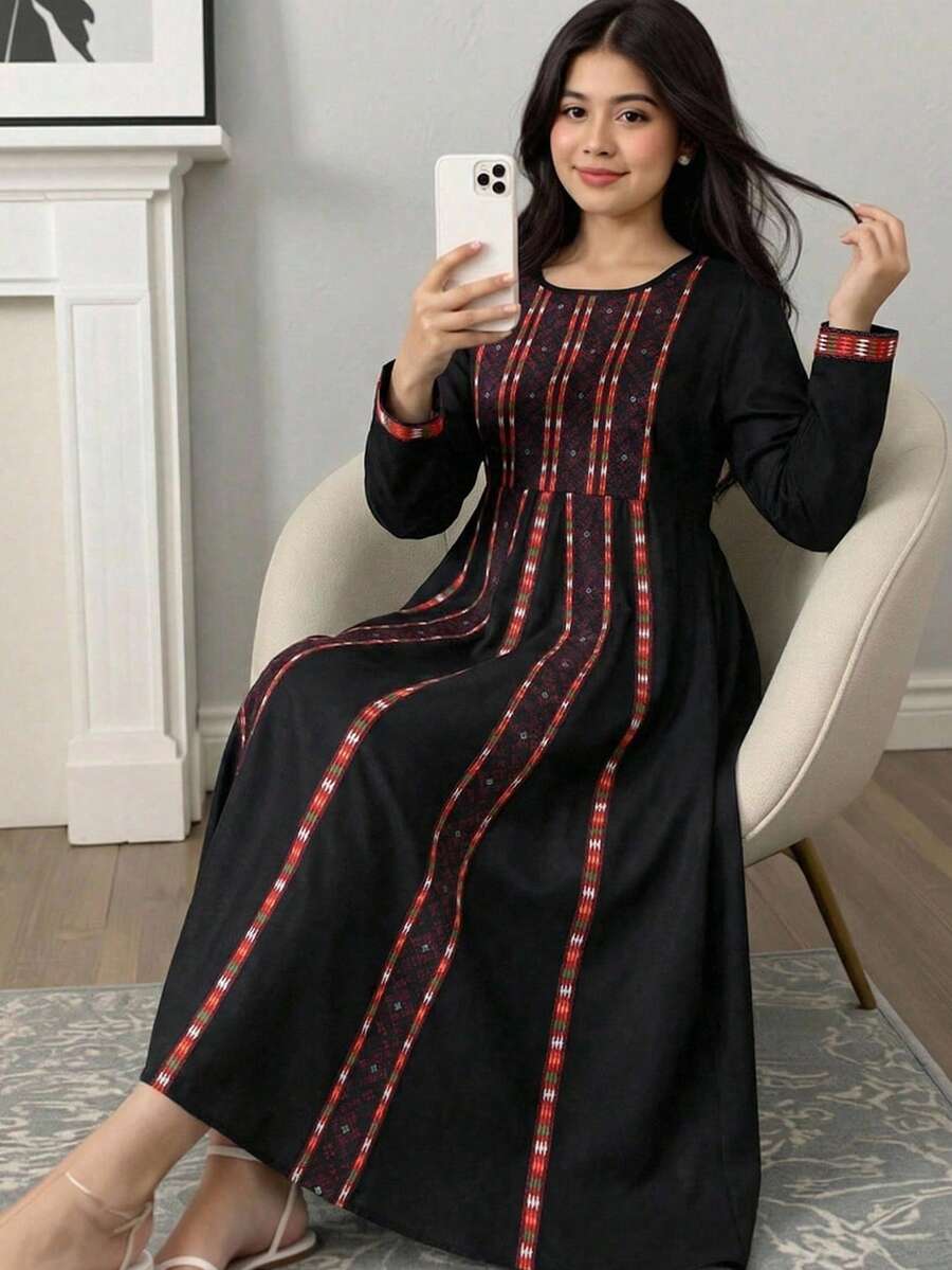 少女春夏圆领印花拼接褶皱喇叭下摆长袖连衣裙,黑色 - 黑色 - 查看 1
