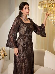 Modelyn French Square Collar Lace Rhinestone Embellished Fitted Long Sleeve Elegant Midi Dress For Women - Brown - View 7