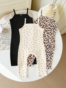 SHEIN Baby Girl 3pcs Leopard Print And Allover Heart Print And Solid Black Cami Jumpsuit - Multicolor - View 3