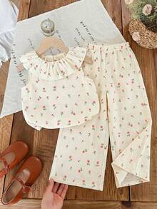 Emery Rose Kids Emery Rose Kids 2pcs Young Girl Ditsy Floral Ruffle Trim Top And Loose Fit Pants Set - Apricot - View 2
