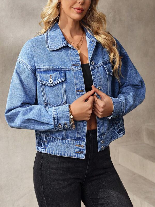 EMERY ROSE 女士纯色前扣口袋休闲长袖牛仔夹克外套