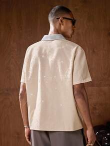 AKNOTIC Business Casual 男士蓝色花卉提花休闲宽松短袖Polo衫，适合夏季、度假、日常搭配、派对、情侣装，男士礼物；香槟色男士衬衫；奶油色男士衬衫；男士装饰衬衫；米色男士衬衫 - 杏色 - 查看 7