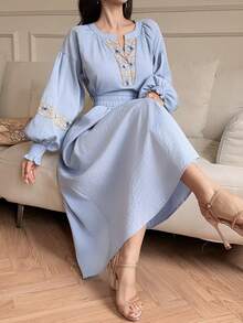 DAZY 女士休闲刺绣套头卫衣和A字裙两件套，春夏款 - 藍色 - 查看 3