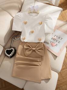 Elladie kids 2pcs/Set Girls Autumn New 2025 Round Neck Ribbed Puff Sleeve T-Shirt With Red Heart Print & Matching Bowknot Hem Skirt, Versatile Outfit For Dates, Parties, Commute - Khaki - View 1