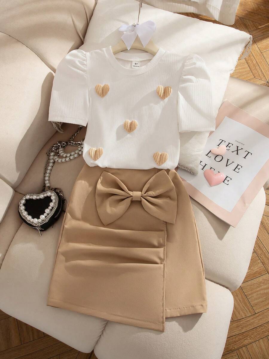 Elladie kids 2pcs/Set Girls Autumn New 2025 Round Neck Ribbed Puff Sleeve T-Shirt With Red Heart Print & Matching Bowknot Hem Skirt, Versatile Outfit For Dates, Parties, Commute - Khaki - View 1