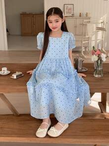 DAZY Girls' Polka Dot Short Sleeve Square Neck Dress - Blue - View 7