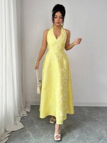 Elenzga Women's Elegant Jacquard Halter Tie Dress, Suitable For Summer Vacation - Yellow - View 7