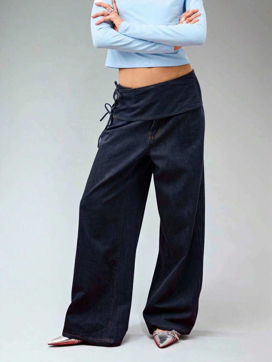 COUREZ Baggy Jeans With Bow Tie Waistband /Y2K Low Rise Jeans Fall Women Clothes Fall Clothes Going Out Outfits Low Waist Jeans - Navy Blue - View 1