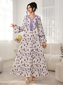 Al Najma Middle Eastern Arabic Style Printed Long Sleeve Loose Robe, Vacation Vibe Turkish Kaftan - Purple - View 3
