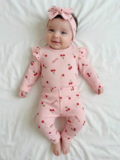 SHEIN Newborn Baby Crew Neck Cherry Print Ruffle Trim Long Sleeve Romper And Pants Cute Casual Outfit Cherry Baby Outfit Cherry Baby Girl Clothes Infant Girl Sets Baby Girl Sets Cozy Baby Girl Set