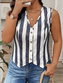 SHEIN CURVE+ 大码休闲条纹轻薄西装背心 - 彩色 - 查看 5