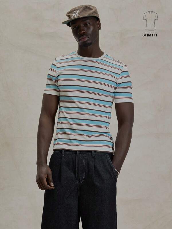 Musero 修身撞色条纹圆领短袖T恤，撞色下摆，冬季必备单品