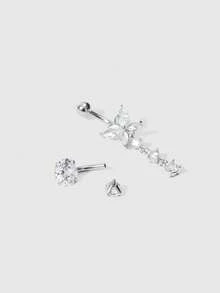ROMWE Kawaii 5pcs Stainless Steel Bent Rod Belly Button Rings Set With Sparkly Rhinestone Butterfly Heart Flower Combination Shape Women Belly Chain Pendant Piercing Jewelry For Daily Wear Valentines - Silver - View 10