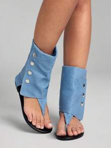 ROMWE Grunge Punk Giày sandal đế bằng thời trang dành cho nữ, phong cách giản dị, đa năng, thích hợp cho các hoạt động giải trí ngoài trời và tụ tập - Màu xanh nhạt - Xem 3