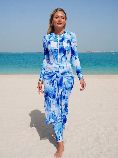 Swim Mulvari Bộ đồ bơi 3 mảnh in hoa dành cho nữ mùa hè đi biển: Áo tắm liền thân tay dài có khóa kéo, áo khoác dài và quần dài in hoa, đồ bơi phong cách nghỉ dưỡng Trung Đông đầy màu sắc, thoải mái.