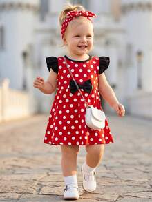 SHEIN Playful Pals 女嬰紅白波點荷葉邊袖洋裝，蝴蝶結裝飾，可愛公主風夏季度假太陽裙，法式風格洋裝，適合6個月-3歲 - 紅色 - 查看 3