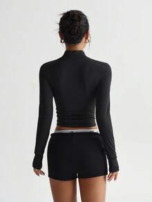 SHEIN Dewbera Women's Patchwork Geometric Mesh Long Sleeve Zipper Partial Placket Sporty Sweatshirt - Black - View 2