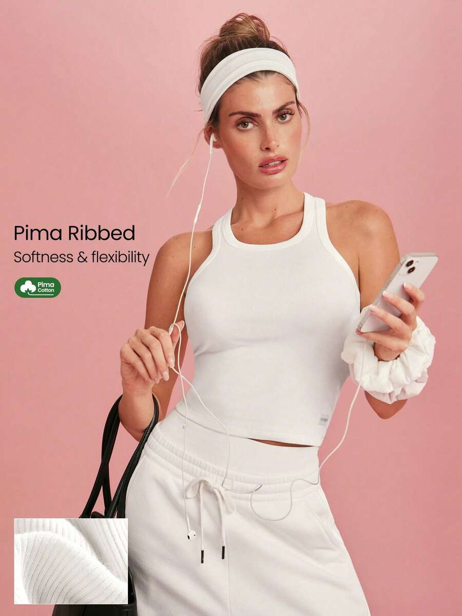 GLOWMODE Valentine's Day Ribbed Pima Cotton Crush Mode Waist Length Slim Fit Racerback Tank Top Daily Casual Wear - White - View 1