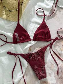 Swim Mod 两件式泳衣，纯色亮片纹理挂脖式文胸上衣和侧系带比基尼泳裤，性感比基尼套装，春夏海滩度假 - 酒紅色 - 查看 2