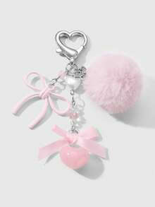 ROMWE Kawaii 1pc Elegant Sweet Minimalist Fashion Collegiate Style Faux Pearl Resin Heart Chain Ribbon Acrylic Bow Pom-Pom DIY Keychain Bag Charm, Suitable For Women, Daily Wear, Holiday Gift - Pink - View 10