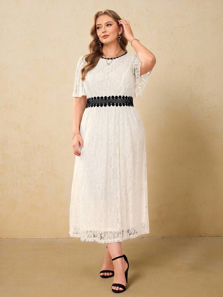Plus Size Women Elegant Vacation Lace Color Block Ruffle Trim Midi Dress, Apricot,Early Spring,Spring Break Outfits ,Vacation Outfits Women ,Holiday Outfits For Women,Spring Dress Women,Going Out Outfits,2026 New Clothes,Simple And Fashionable For Everyday Wear, White Plus Size Dress, Plus Size Crochet Dress, White Modest Dress ,Elegant White Dress Curve