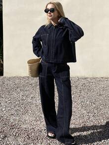 DAZY Women's Casual Collared Crop Top And Loose Fit Jeans Set - Blue - View 7