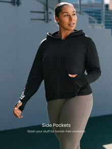 GLOWMODE 大码 CloudKnit City Chill 修身侧袋弹性袖口拉链连帽夹克，日常休闲街头风 - 黑色 - 查看 5