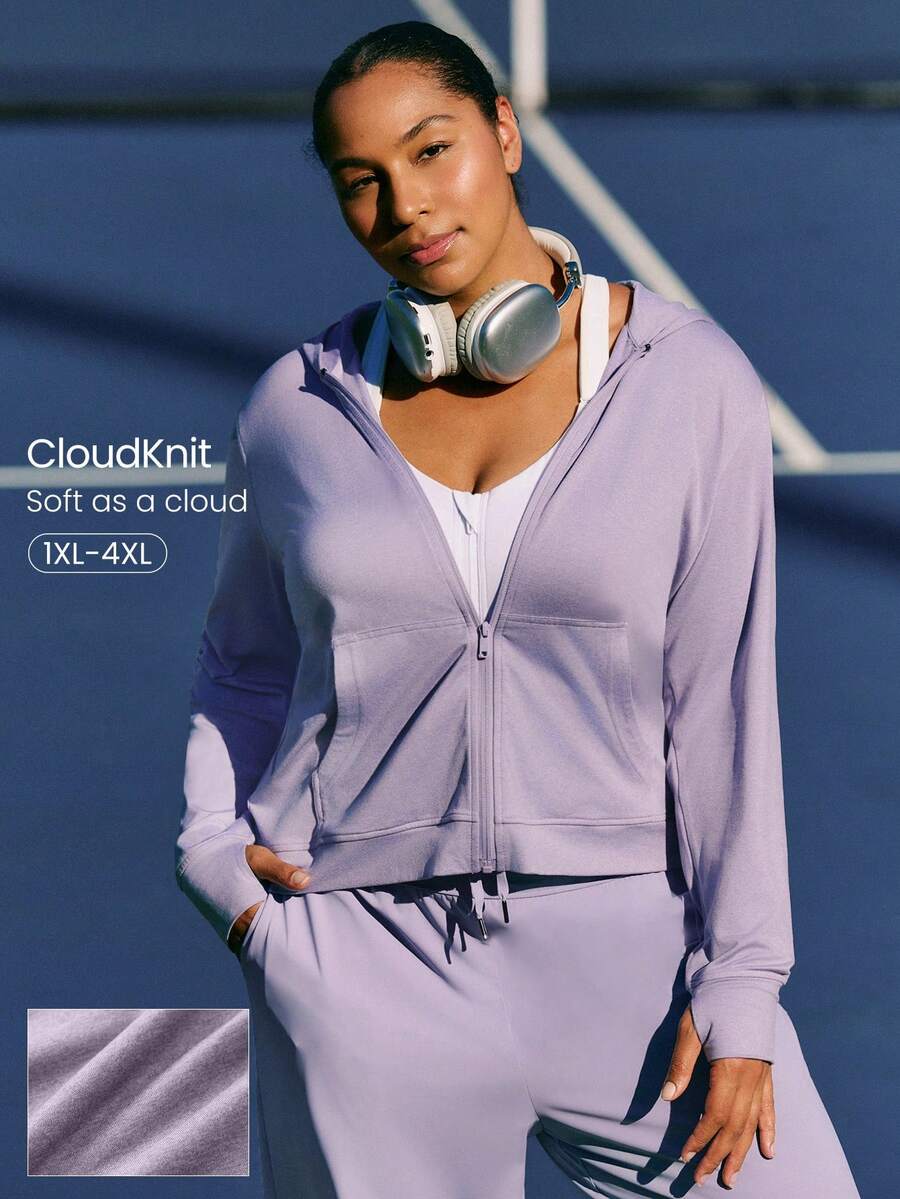 GLOWMODE 大码 CloudKnit City Chill 修身侧袋弹性袖口拉链连帽夹克，日常休闲街头风 - 紫色 - 查看 1