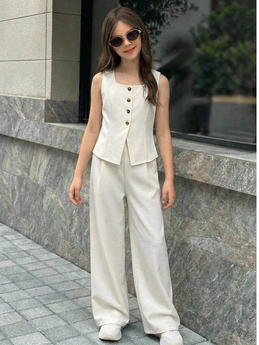 Firerie Kids Tween Girls' Casual Elegant Commute Street Fashion Jacquard Striped Button-Front Sleeveless Vest Top And Straight Leg Pants Set - Khaki - View 1