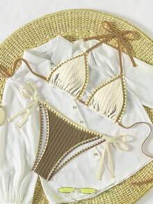 SHEIN Swim SXY 春假女士沙滩装夏季套装，多色拼接扇形花边露脐吊带上衣和侧系带比基尼泳裤性感两件套泳衣，节日波西米亚风 - 彩色 - 查看 3