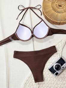 Swim SXY 女士简约棕色聚拢吊带钢圈比基尼套装，适合度假和海滩穿着 - 咖啡棕 - 查看 2