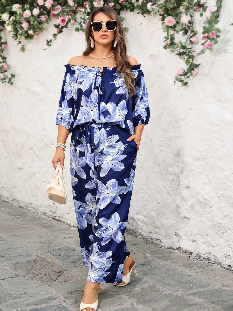 Plus Size Casual Allover Print Front Tie One Shoulder Top And Wide Leg Pants 2 Pieces Set, Suitable For Vacation Vacation Outfits Women Holiday Outfits For Women Beach Vacation Outfits For Women Spring Break Outfits Off The Shoulder Two Piece Set Two Piece Set Women Vacation Two Piece Set Women Summer, Summer Outfits