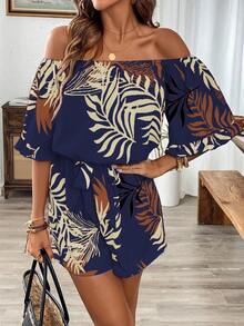 Breezaya Ruffled Sleeve Cinched Waist Off Shoulder Hawaiian Style Romper Women Vacation  Jumpsuits Off Shoulder Summer  Jumpsuits Hawaii Outfits Women  Jumpsuits Tropical Romper Tropical Vacation  Jumpsuits - Multicolor - View 5