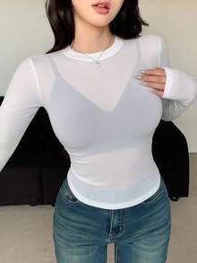 Camiseta de manga corta para mujer de ajuste ceñido, de cuello redondo y unicolor para el verano - Blanco 3 - Ver 5