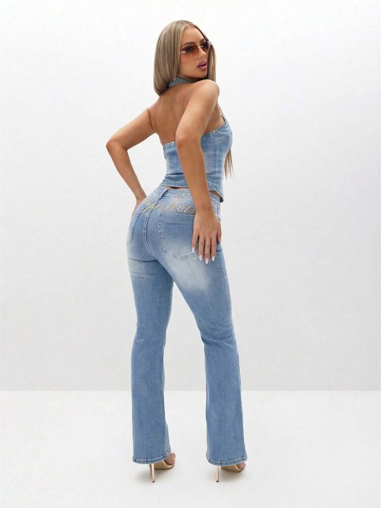 BABYPHAT Mono de pierna acampanada con cintura baja, elástico, cuello halter, espalda descubierta, bolsillos y presillas para cinturón, en estilo retro casual de verano para festivales